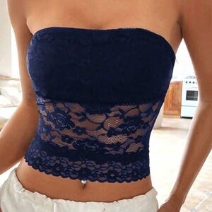 Navy Lace Strapless Lace Tube Top Bralette
